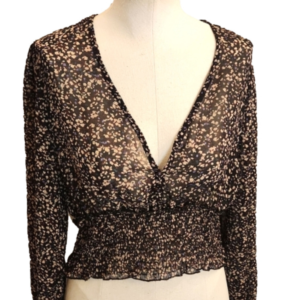 WOMENS Papermoon floral v neck sheer long sleeve crop top size Large